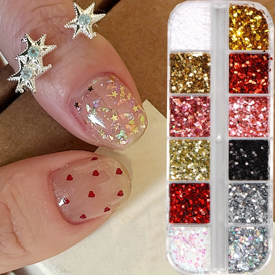 Mini Love Heart Nail Glitter Sequin Laser Shiny Sparkly Sequin 3D Holographic Red Pink Golden Silvery Flash Flakes DIY Nail Decorations